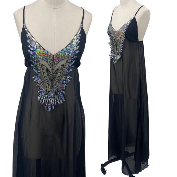 Vintage Other - Vintage Y2k Iridescent Sequin Butterfly Nightgown Sheer Maxi Black Womens 2/4